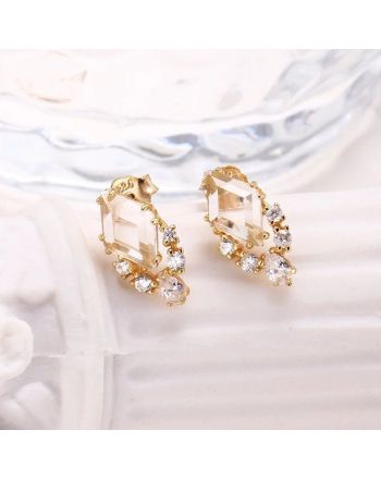 14K Gold Geometric Ice Cube Clear Quartz Stud Earrings | HJZB-077