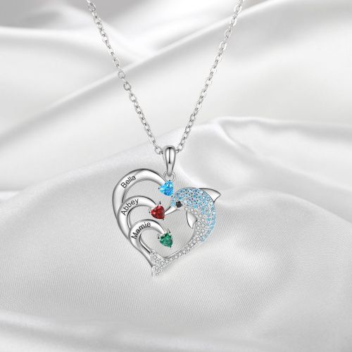 Custom Name Dolphin Heart Birthstone Necklace | H0001